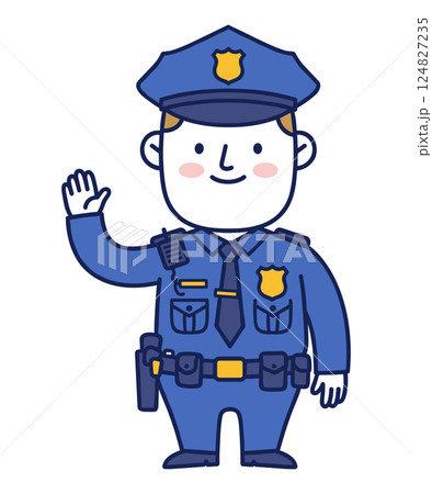 A Friendly Police Officer Greeting with a Hand Up 124827235