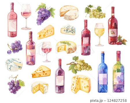 Wine and cheese. Watercolor french italian cuisine food, winery alcohol bottles glasses grapes set vector illustration 124827258