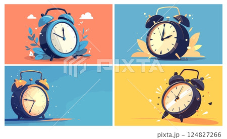 Time concept. Cartoon banner with alarm clock for reminder deadline countdown schedule wake up message vector illustration 124827266