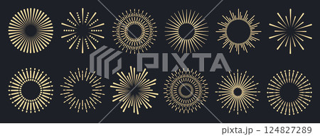 Sunburst collection. Radial sunset beams. Bursting golden sun rays. Fireworks. Logotype or lettering design element. Flat vector illustration. Sunburst collection. Radial sunset beams. Bursting golden sun rays. Fireworks. Logotype or lettering design element. Flat vector illustration. 124827289