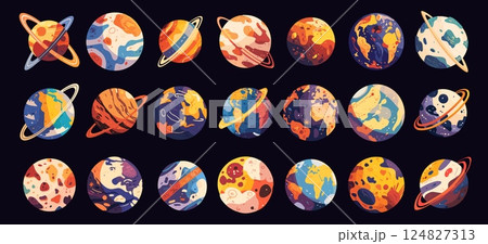 Cartoon fantasy planets. Decorative space game elements for children, cosmic universe objects set vector illustration 124827313