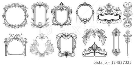 Art nouveau frames. Decorative hand drawn vintage ornate borders and elements for wedding invitation set vector illustration 124827323