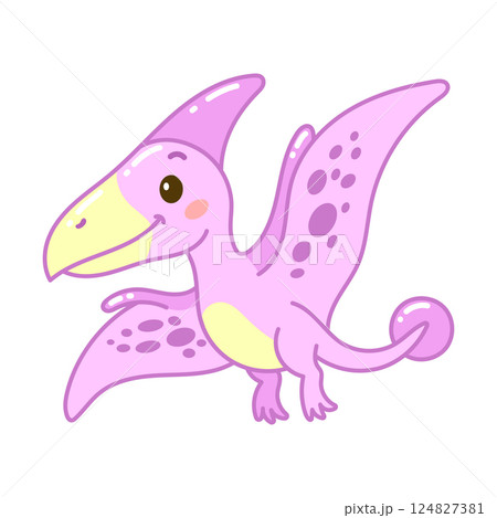 Cute pink cartoon pterodactyl with big yellow beak and spots, perfect for kids fun dino designs 124827381