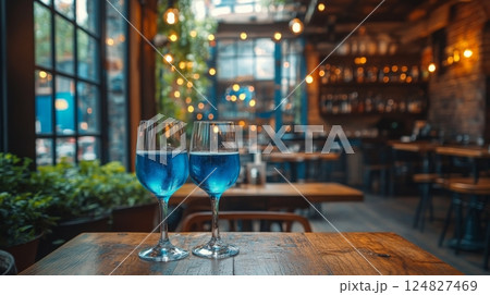 Blue cocktails on a wooden table in a cozy urban setting during evening hours Blue cocktails on a wooden table in a cozy urban setting during evening hours 124827469