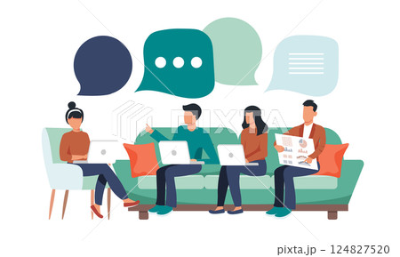Vector illustration, workers are sitting at the negotiating table, vector collective thinking and brainstorming, company information analytics	 124827520