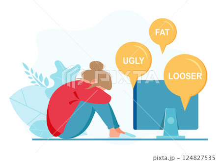 Sad woman with laptop receiving pop up messages. Cyber bullying. Online abuse concept. Teenager sitting on the floor and crying. Vector illustration in flat cartoon style. 124827535