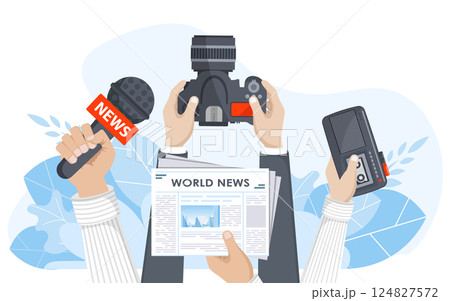 Journalism. Camera and photos. Mass media, television, interview, breaking news, press conference concept. Flat vector Journalism. Camera and photos. Mass media, television, interview, breaking news, press conference concept. Flat vector 124827572