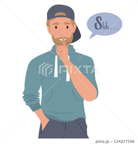 Shh man flat vector illustration. Cartoon serious man holding hand near mouth silence gesture. Business secret and please keep quiet concept Shh man flat vector illustration. Cartoon serious man holding hand near mouth silence gesture. Business secret and please keep quiet concept 124827586