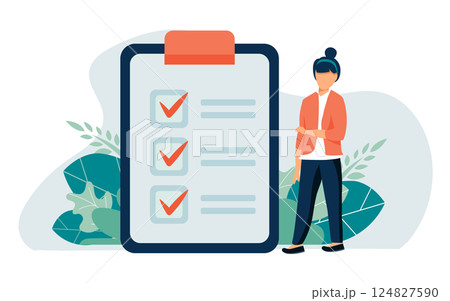 Tiny businesswoman checking completed tasks on...のイラスト素材 [124827590 ...
