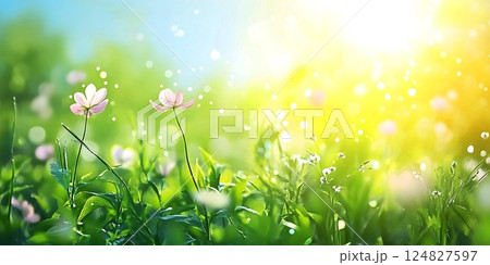 Blurred Spring Meadow with Bokeh Sunlight and Flowers 124827597
