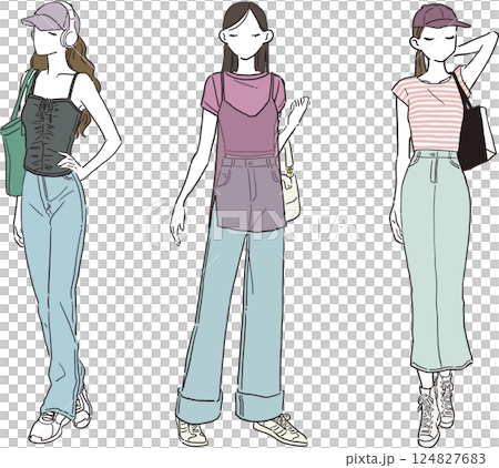 夏のデニムコーディネートのシンプルイラスト 124827683
