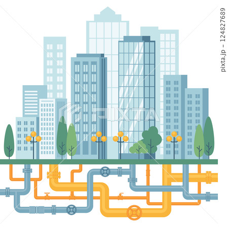 Underground pipelines. City engineering network. Gas pipes, water supply, sewerage, electrical networks. Vector illustration 124827689