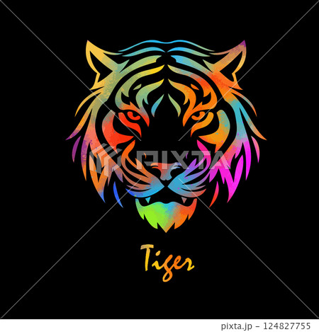 Tiger colored head on black background. hand drawing. Not AI, Vector illustration 124827755