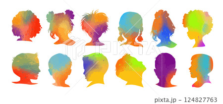 Set of colored silhouettes of people's heads. hand drawn. Not AI, Vector illustration 124827763