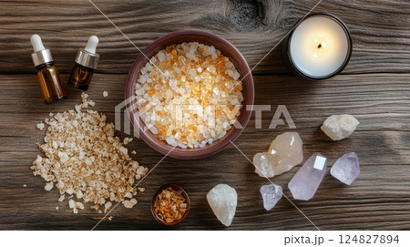 Flat lay of spiritual aromatherapy ritual with oils, herbs, crystals and candle on wooden surface, conveying healing energy and warm organic balance. 124827894