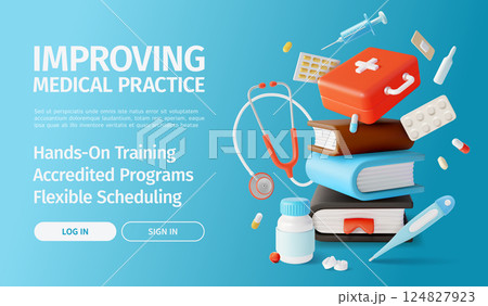 3d Improving Medical Practice Concept Ads Banner Poster Card Hands on Training Accredited Programs and Flexible Scheduling. Vector illustration 124827923