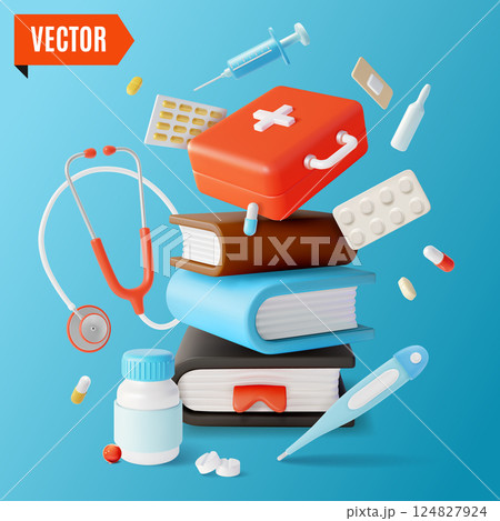 3d Improving Medical Practice Concept Background Cartoon Design Style Pile of Books and Floating Around First Aid Kit and Stethoscope . Vector illustration 124827924