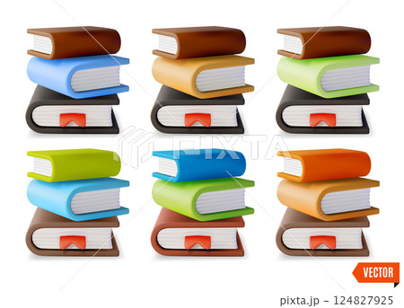 3d Different Color Pile of Books Set Cartoon Design Style Isolated on a White Background. Vector illustration of Book Stacks 124827925
