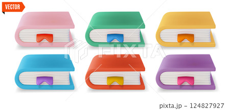 3d Different Color Bookmarked Book Set Cartoon Design Style Isolated on a White Background. Vector illustration of Books with Bookmark 124827927