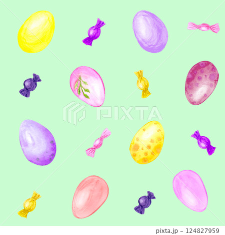 Seamless pattern on green background. Watercolor Easter eggs and sweets, hand-drawn illustration 124827959