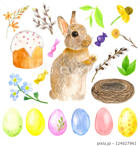 Watercolor spring flowers, hand-drawn illustration, willow, rabbit, Easter cake, Easter eggs, nest 124827961