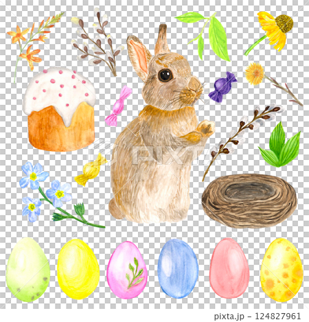 Watercolor spring flowers, hand-drawn illustration, willow, rabbit, Easter cake, Easter eggs, nest 124827961