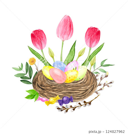 Watercolor spring flowers, hand-drawn illustration, tulips, willow, Easter eggs in the nest 124827962