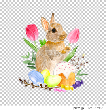 Watercolor spring flowers, hand-drawn illustration, tulips, willow, rabbit, Easter cake, Easter eggs 124827963
