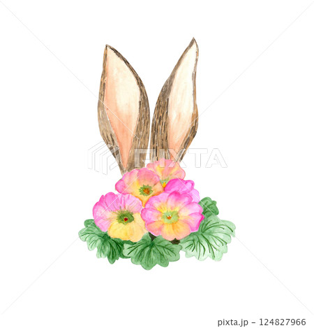 Watercolor rabbit ears and spring flowers, hand-drawn illustration, primrose 124827966