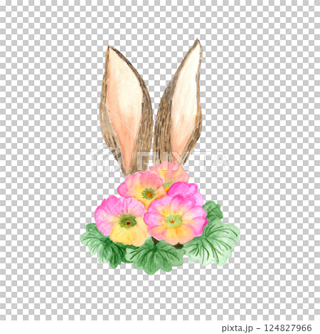 Watercolor rabbit ears and spring flowers, hand-drawn illustration, primrose 124827966