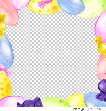 Square frame of watercolor Easter eggs and sweets Square frame of watercolor Easter eggs and sweets 124827970