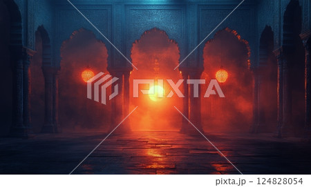 Majestic sunset illuminating ancient architecture with dramatic shadows 124828054
