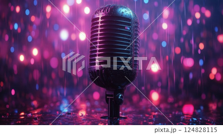 Dynamic retro microphone illuminated by vibrant lights and rain in a lively urban setting at night 124828115