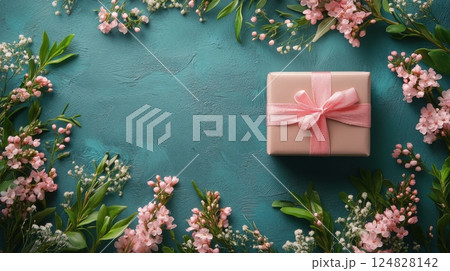 Gift box surrounded by flowers on a blue background creating a festive atmosphere 124828142