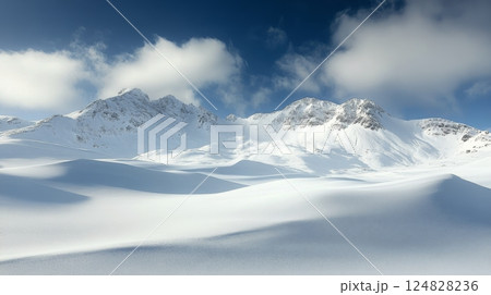 Stunning sunset over snow-covered mountains with skis in winter landscape 124828236