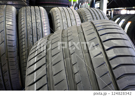Closeup of the tread of a wide large size high-performance summer tire Closeup of the tread of a wide large size high-performance summer tire 124828342