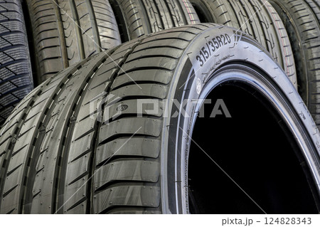 Closeup of the tread of a large size high performance summer tire Closeup of the tread of a large size high performance summer tire 124828343