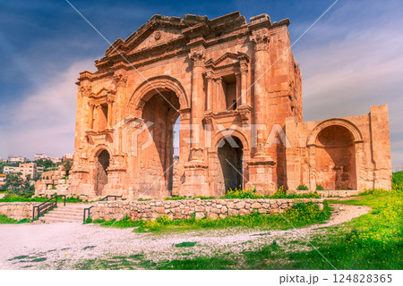 Jerash, Jordan. Arch of Hadrian ruins in the city of Gerasa, ancient Roman Empire. 124828365