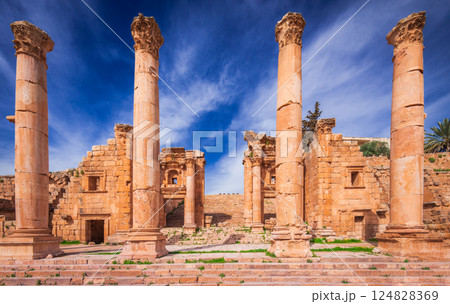 Jerash, Jordan - Temple of Artemis ruins in the ancient roman city of Gerasa. Jerash, Jordan - Temple of Artemis ruins in the ancient roman city of Gerasa. 124828369
