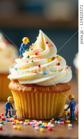 Miniature construction workers are playfully adding colorful sprinkles to a fluffy cupcake creating an imaginative sweet treat that sparks joy and creativity in a cozy setting. Miniature construction workers are playfully adding colorful sprinkles to a fluffy cupcake creating an imaginative sweet treat that sparks joy and creativity in a cozy setting. 124828372