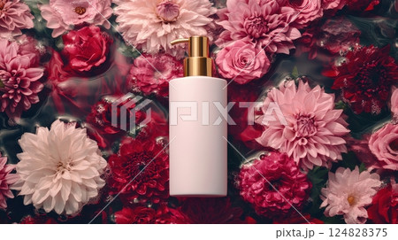A minimalist beauty product stands prominently against a stunning array of colorful flowers. 124828375