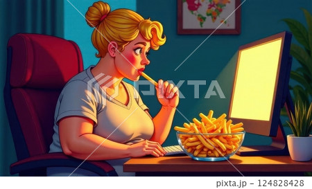 A woman sits comfortably at her desk munching on french fries as she focuses on her computer screen illuminated by a warm glow in a cozy room filled with vibrant colors. 124828428