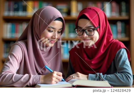Two young women wearing hijabs share a moment of collaboration at a library. Engaged in their studies one writes notes while the other smiles with encouragement. 124828429