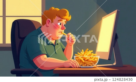 A young man sits comfortably in a chair enjoying a bowl of crispy fries while focused on his glowing screen. The cozy atmosphere highlights a moment of solitude and indulgence. A young man sits comfortably in a chair enjoying a bowl of crispy fries while focused on his glowing screen. The cozy atmosphere highlights a moment of solitude and indulgence. 124828430