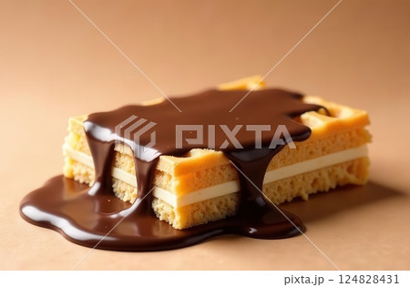 A tempting dessert showcases layered sponge filled with cream and drizzled under luscious chocolate. The warm hues set a cozy tone perfect for indulgent moments. A tempting dessert showcases layered sponge filled with cream and drizzled under luscious chocolate. The warm hues set a cozy tone perfect for indulgent moments. 124828431