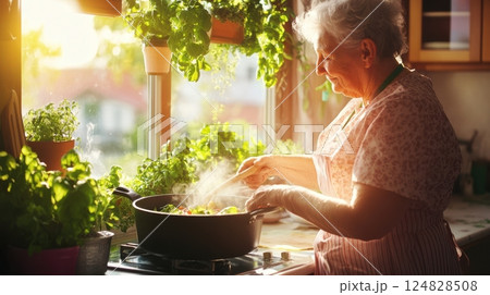 Elderly woman cooking heritage dish in rustic kitchen with herbs and cast iron pot, evoking warmth, family nostalgia and traditional recipes. 124828508