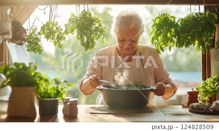 Rustic kitchen interior with warm natural light, elderly woman cooking traditional dish in cast iron pot, herbs hanging from beams, nostalgic family atmosphere 124828509