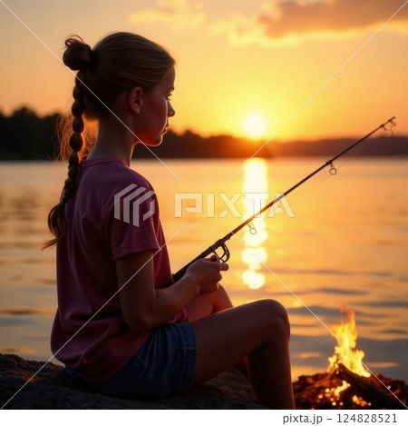 A young girl sits quietly by a serene lake fishing as the sun sets casting a warm golden glow across the water. The crackling fire nearby adds to the peaceful atmosphere. 124828521