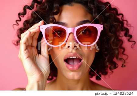 A joyful individual showcases trendy pink sunglasses against a bright pink background. Her expression is full of surprise and excitement perfect for a playful fashion statement. 124828524