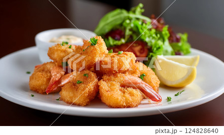 restaurant dish fried shrimp in breadcrumbs with sauce and garnish 124828640